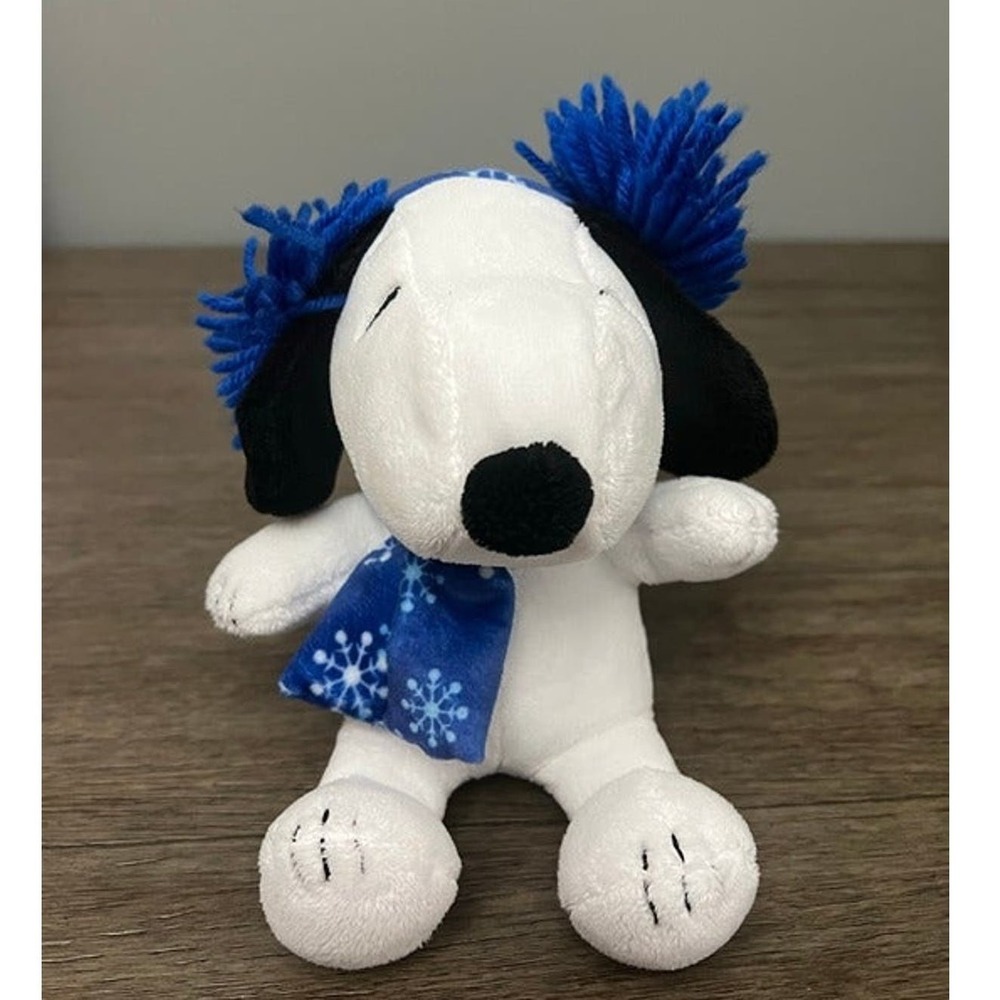 Peanuts Snoopy Winter Plush Blue Snowflake Scarf Yarn Earmuffs Stuffed Animal